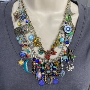 Upcycled Handmade Junk Charm Necklace Statement Colorful Whimsical 19" to 22"